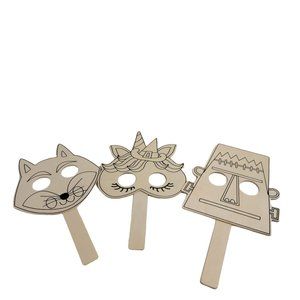 Lot of 3 Wooden Handled DIY Paintable Craft Masks | Frankenstein Fox Unicorn
